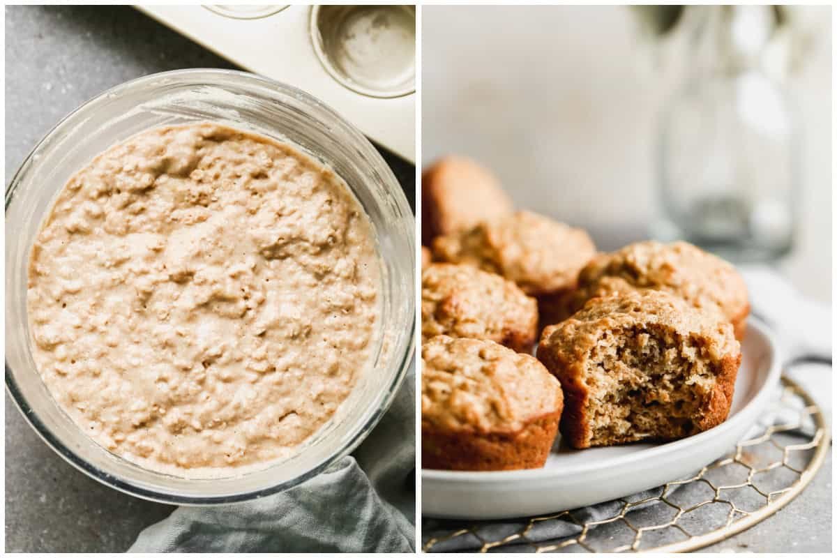 Deux images montrant comment préparer des muffins à l'avoine et à la banane en mélangeant la pâte puis en cuisinant et en servant sur une assiette.