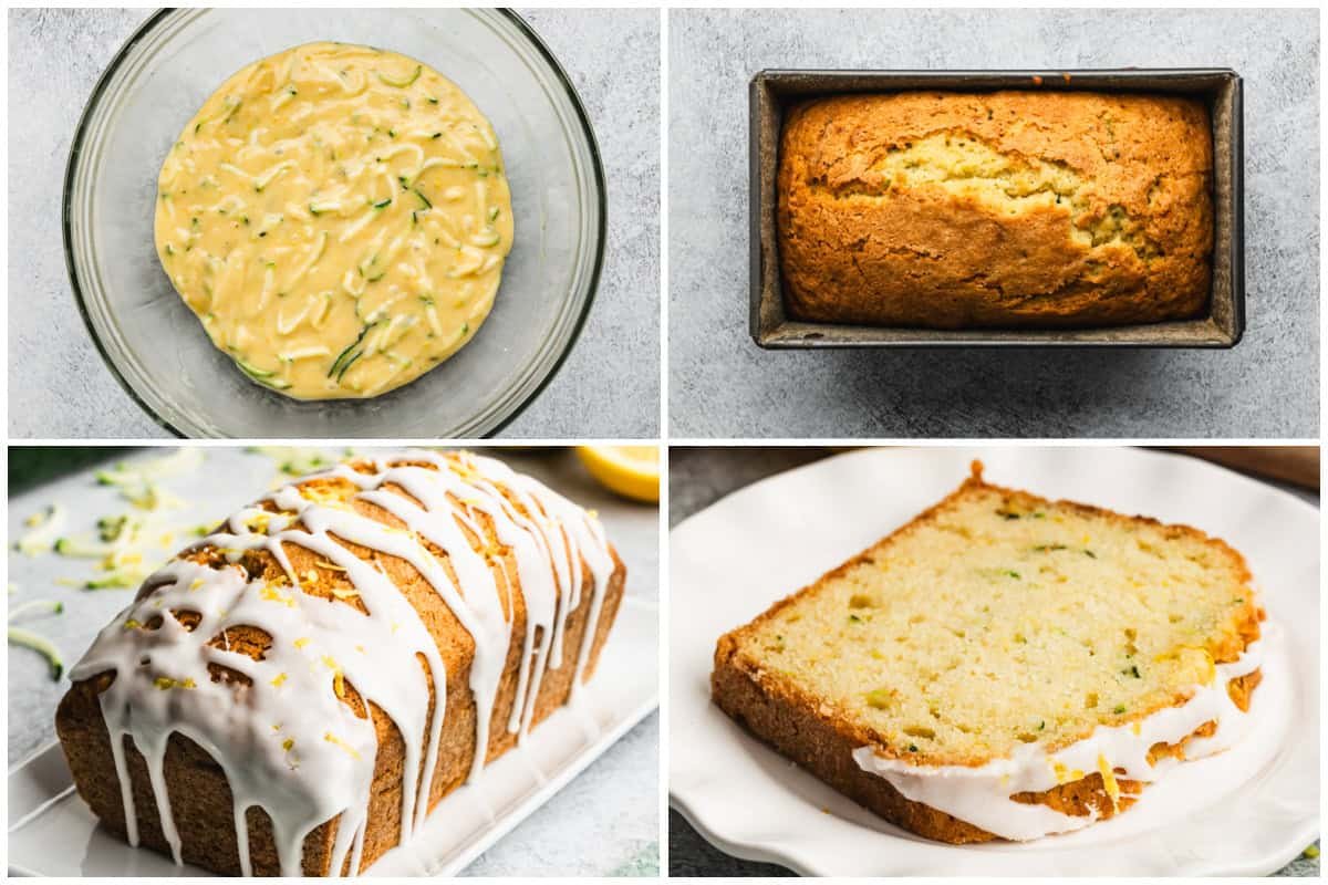 Quatre images montrant une recette de pain de courgette au citron qui a un goût aussi bon que du gâteau ! Il est moelleux, léger, et goûte l'été.