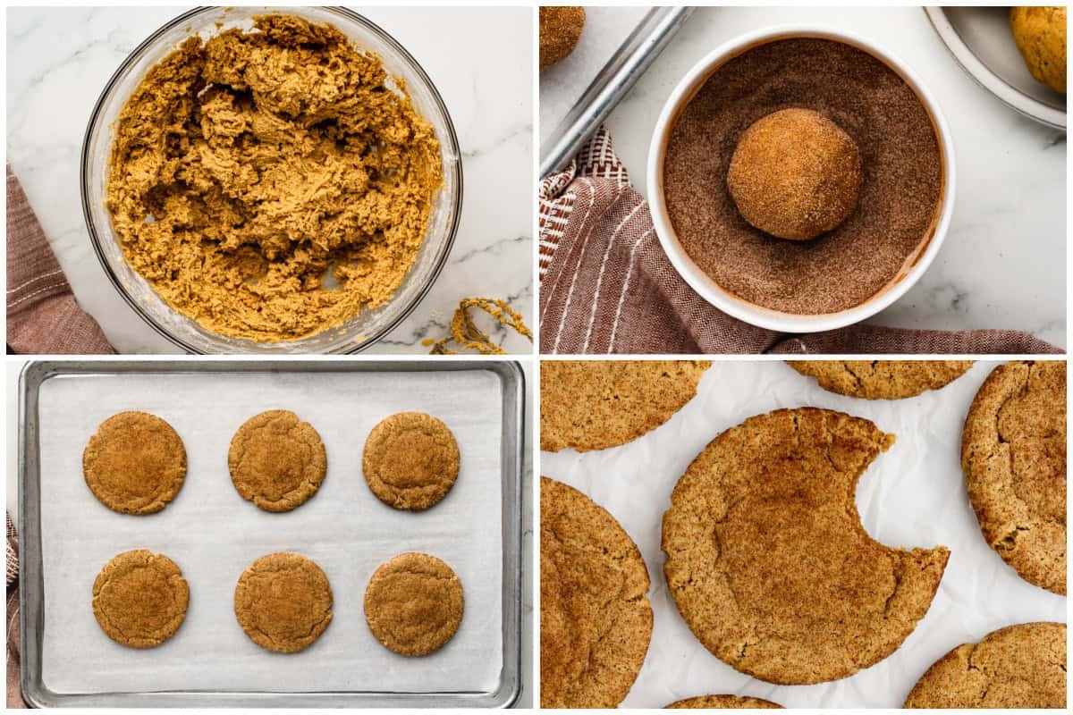 Quatre photos de processus montrant la préparation de la pâte à cookie snickerdoodle à la citrouille, enrober de sucre, et cuisson des cookies.