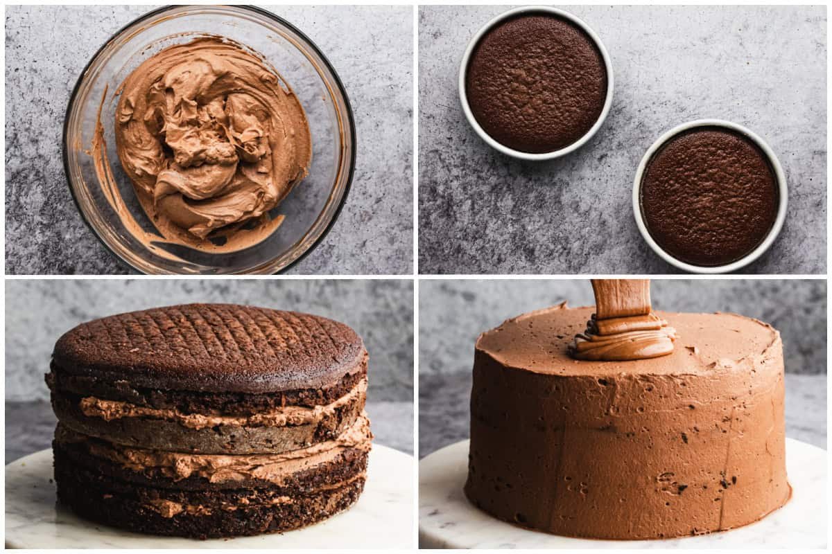 Quatre photos de processus montrant comment faire un gâteau au mousse au chocolat.
