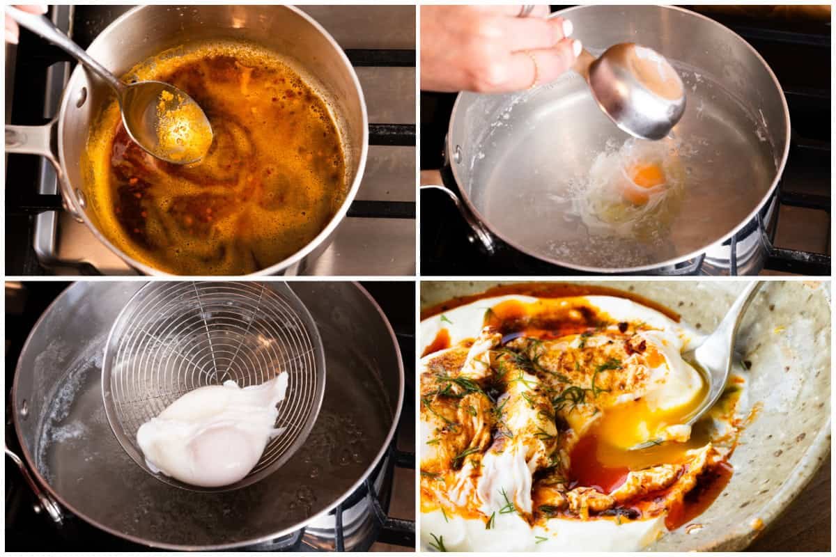 Cette recette facile d'œufs turcs a la sauce beurre épicé la plus savoureuse, nappée sur des œufs pochés parfaitement cuits sur un lit de yaourt infusé au citron et à l'ail.