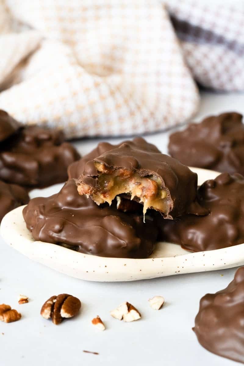Chocolate turtles are a simple no-bake candy made for Christmas platters and gifting.