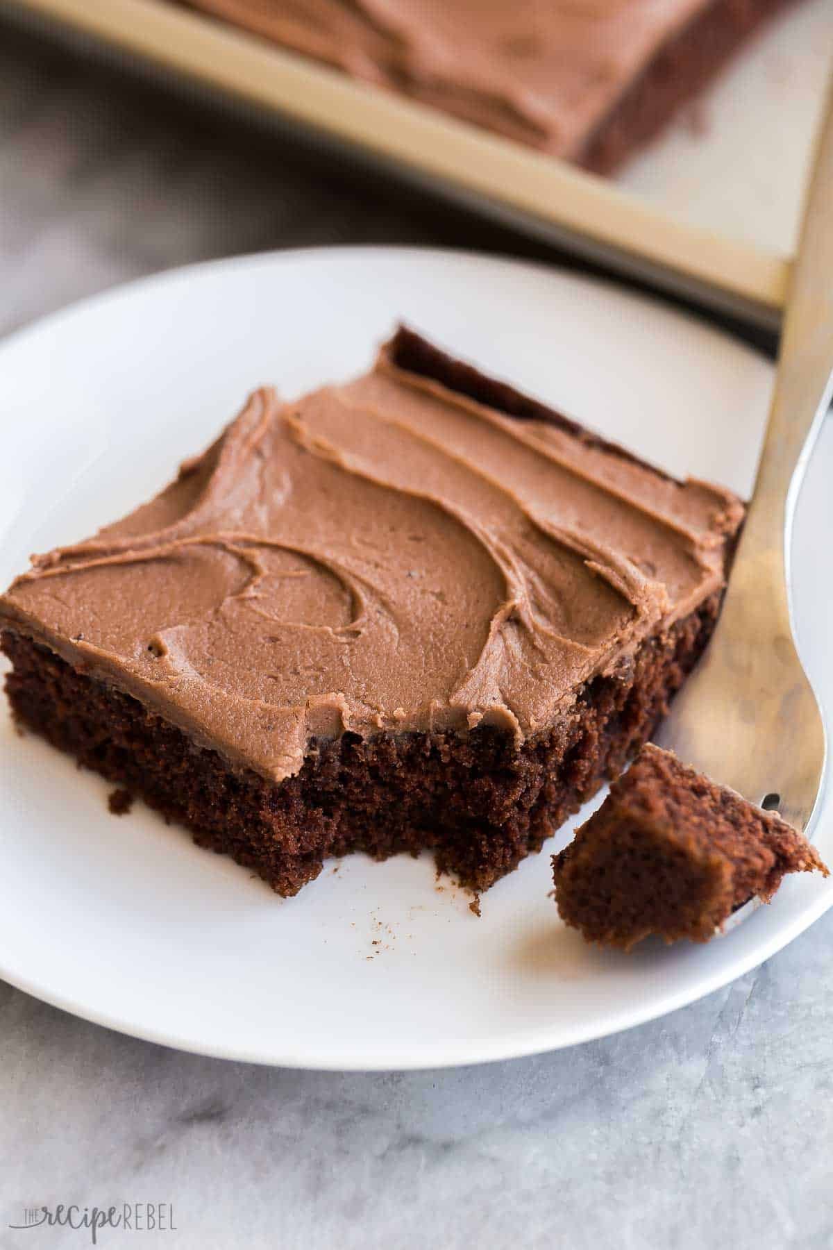 un morceau de gâteau au chocolat sur une assiette blanche.