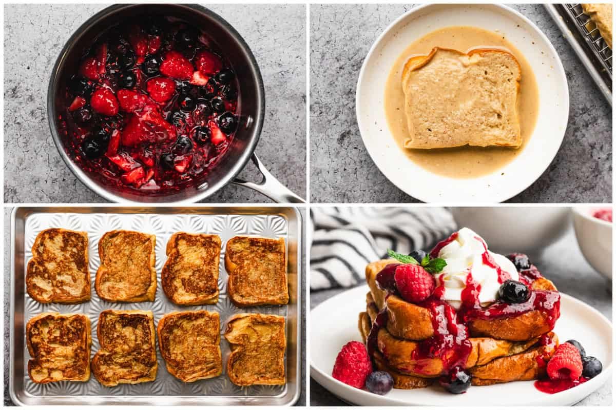 Préparez la meilleure recette de Pain Perdu au Mascarpone avec une crème fouettée au mascarpone crémeuse et une sauce aux baies vibrantes sur des morceaux épais de pain perdu. C'est facile mais très raffiné !