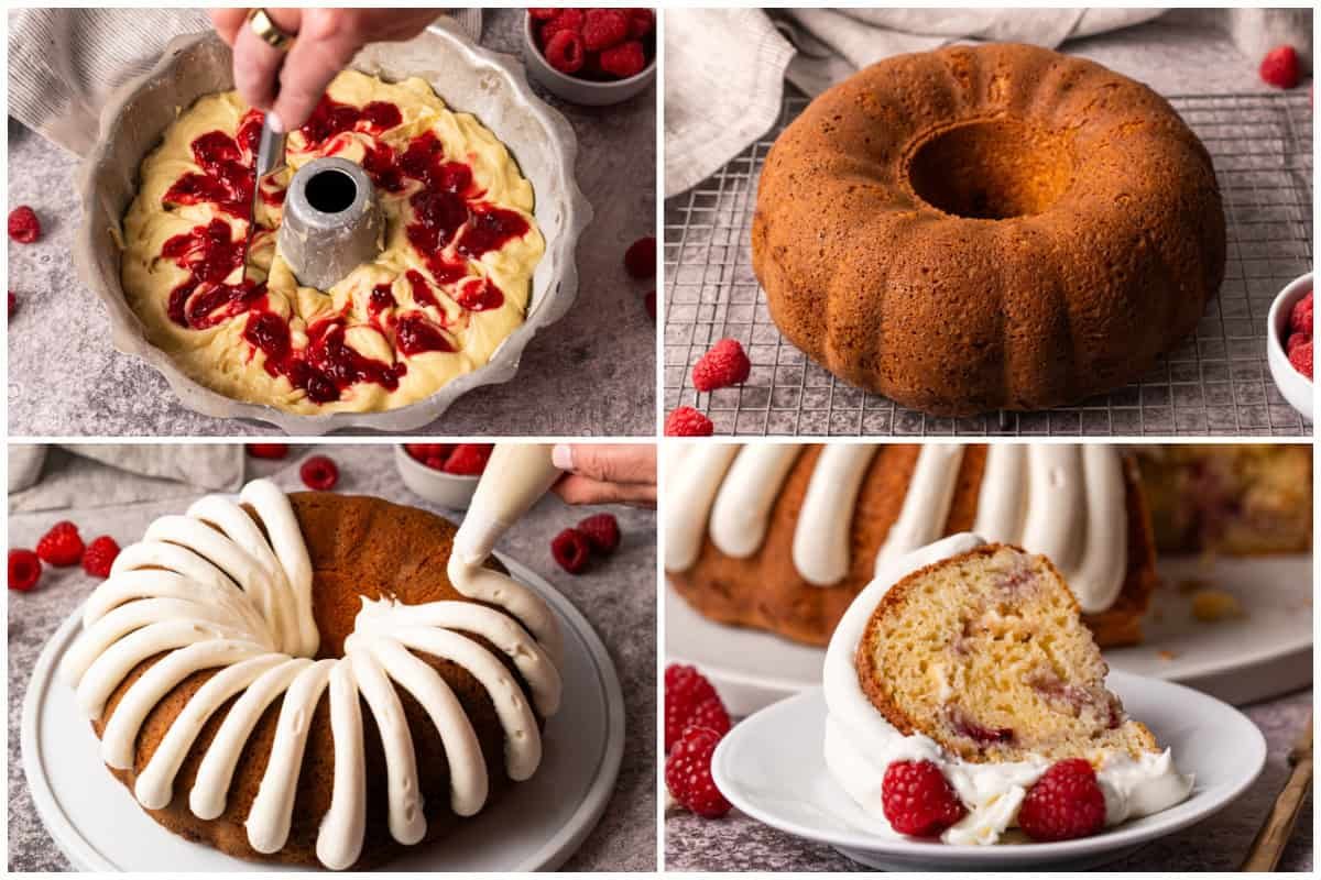 Quatre photos de processus pour cuire et glacer un gâteau bundt au chocolat blanc.