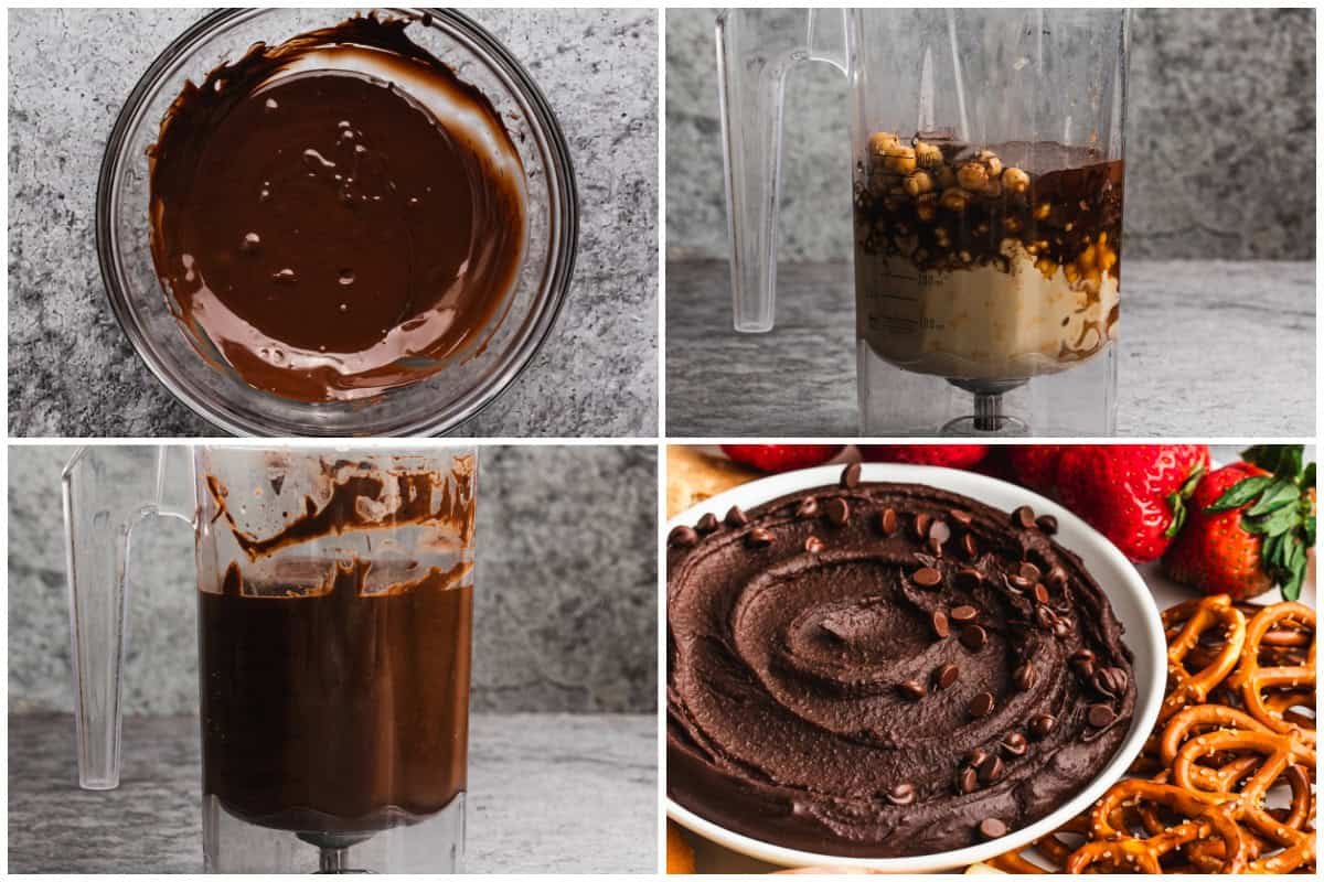 Quatre photos étape par étape pour faire l'hummus au chocolat en mélangeant des pois chiches, du tahini, de la poudre de cacao, du miel et du lait.