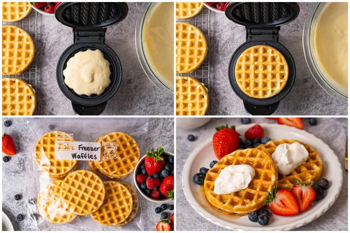 Quatre photos des étapes pour préparer des Gaufres Congelées avec un mini gaufrier, tout comme une recette similaire à Eggo.