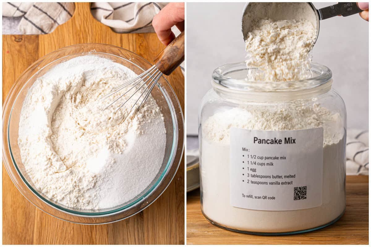 Cette recette facile de mélange à pancakes ne prend que 5 minutes à préparer et me sauve régulièrement lors des matins de pancakes ! L'étiquette gratuite facilite même la tâche à mes enfants pour préparer les pancakes !