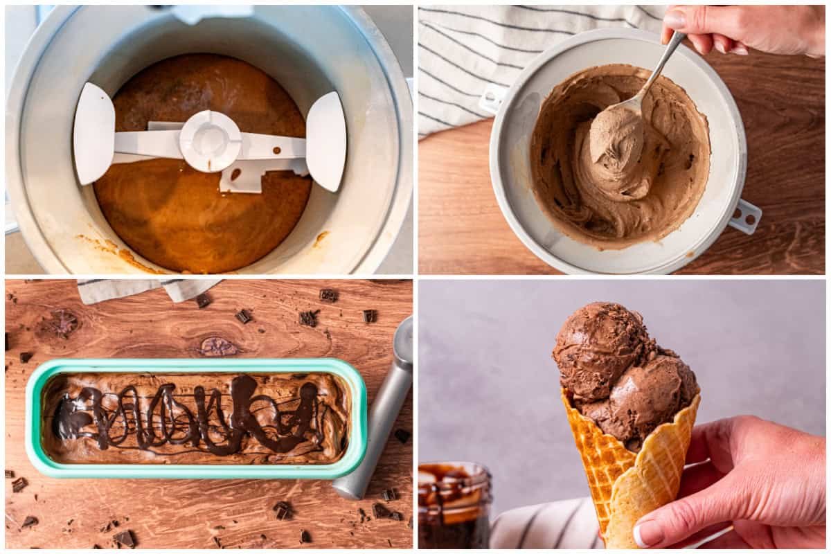 Apprenez à faire de la glace au chocolat avec une base de crème pâtissière facile et riche, turbinée dans une machine à glace puis congelée avec des rubans de fudge chaud et servie dans des cornets de gaufre faits maison.