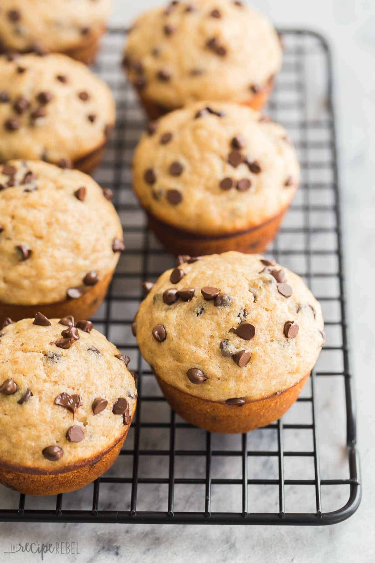 Muffins à la banane et aux pépites de chocolat sur une grille de refroidissement.