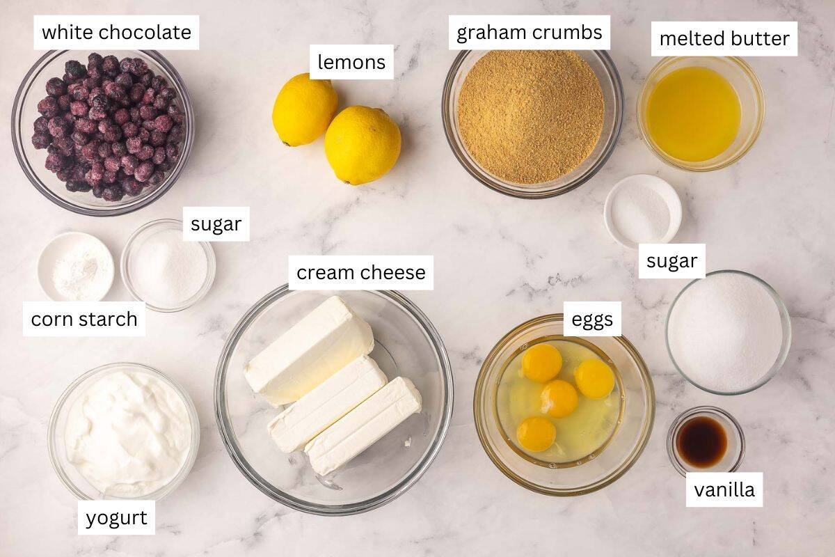Ingrédients nécessaires pour le cheesecake citron myrtille