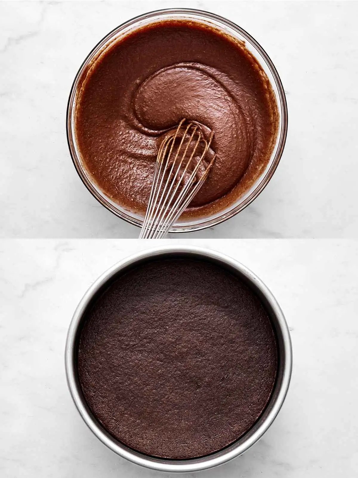 Mélanger et cuire la couche de gâteau au chocolat d'un Baked Alaska.