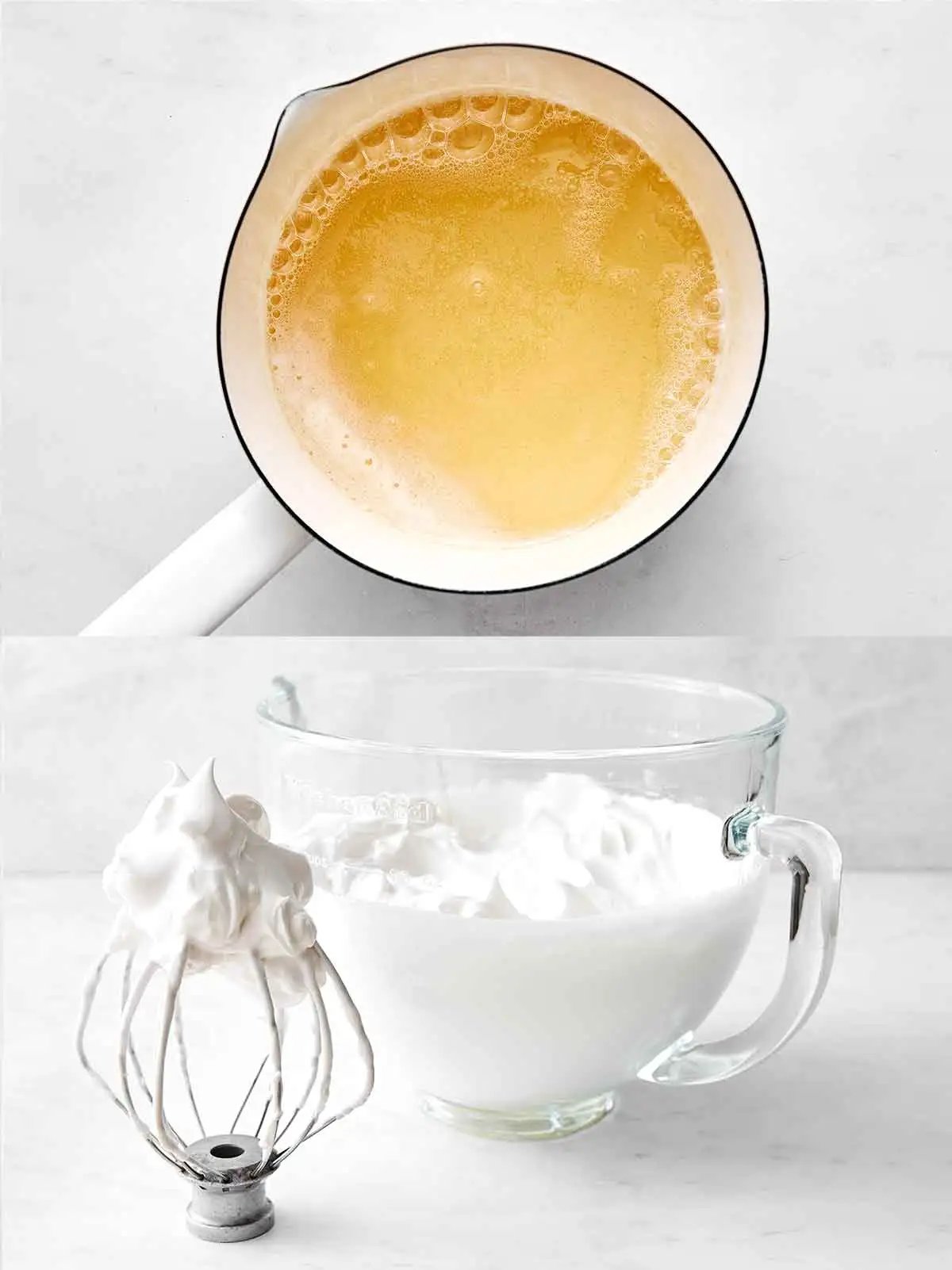 Préparation de la couverture de meringue pour un Baked Alaska.
