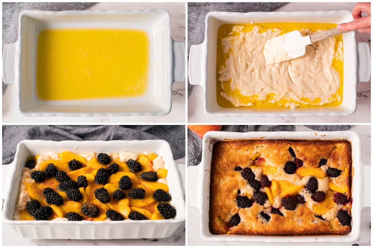 Apprenez à préparer une recette de cobbler aux pêches et aux mûres en seulement 15 minutes de préparation! Faites fondre le beurre, étalez la pâte, puis ajoutez les fruits. Cela cuit à la perfection, doré et délicieux, surtout servi avec de la glace à la vanille.
