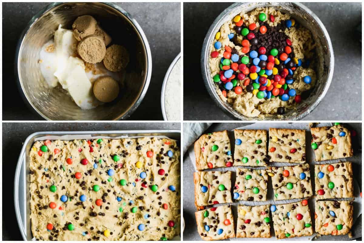 Ces barres de cookies M&M faciles sont si simples à réaliser et sont parfaites pour nourrir un groupe ! Mélangez simplement la pâte, étalez-la dans un plat et faites cuire !