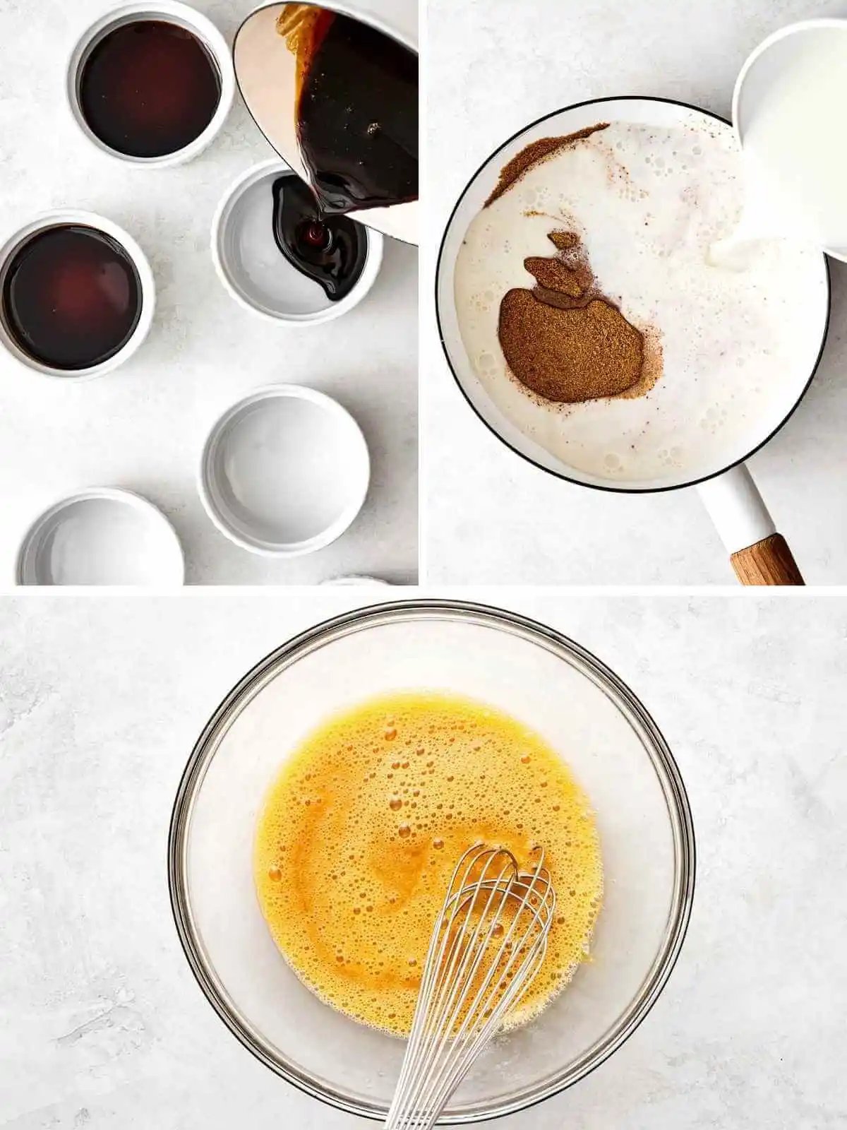 Préparation du sucre caramélisé et des œufs pour le flan.