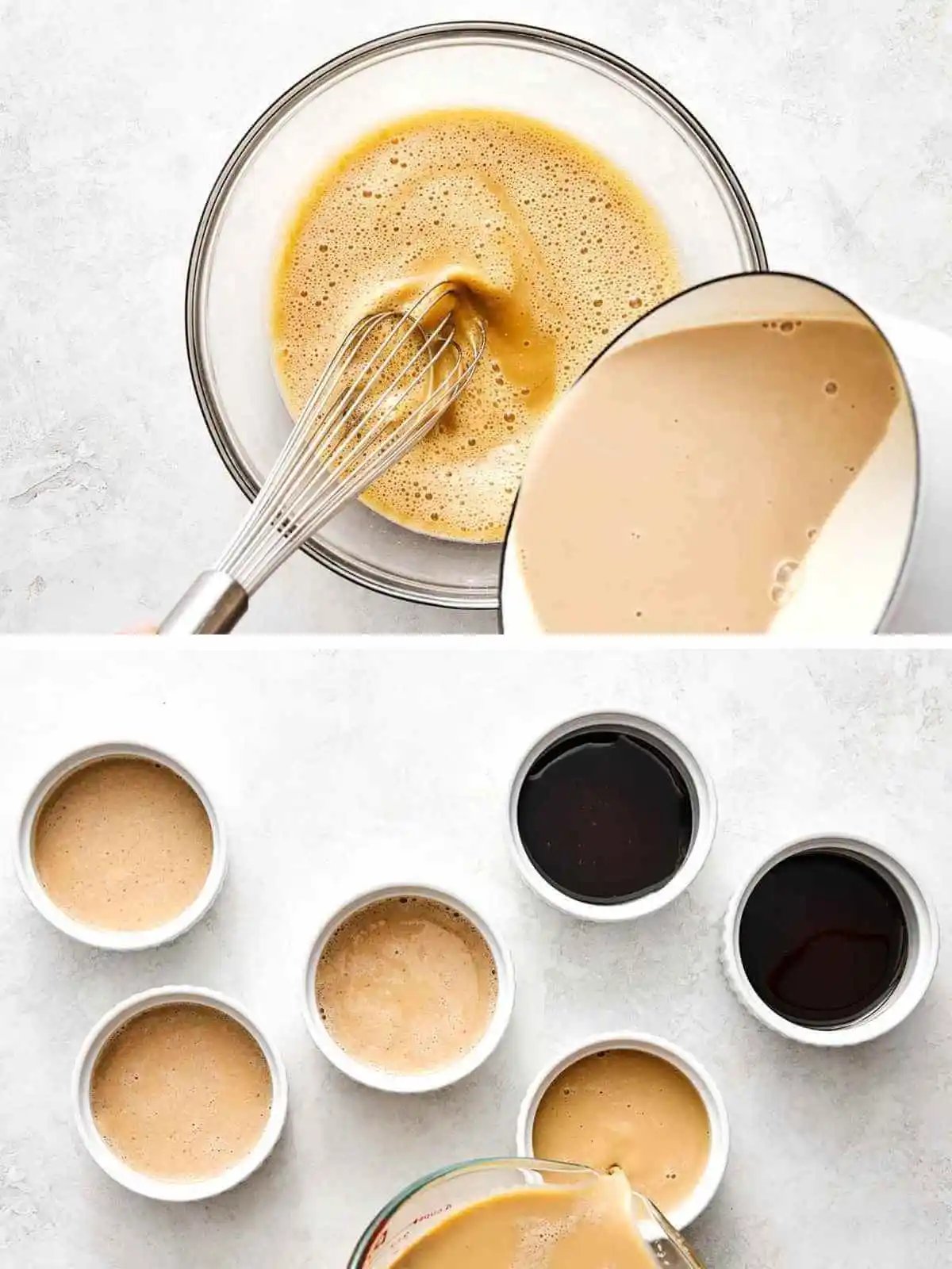 Versement du mélange de crème flan dans les ramequins.