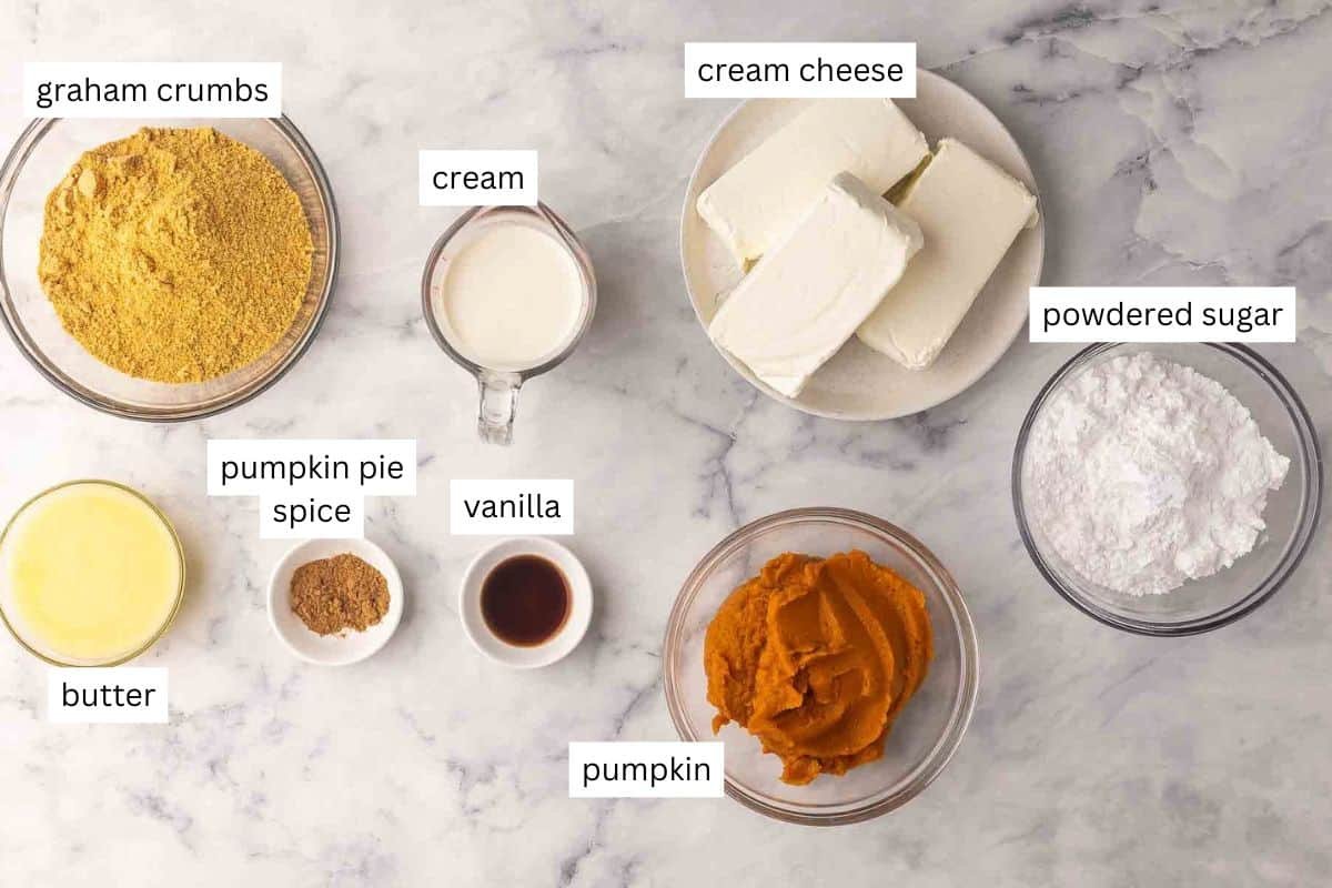 Ingrédients pour le cheesecake à la citrouille sans cuisson, y compris du fromage à la crème, de la citrouille, des miettes de graham, et du sucre en poudre.